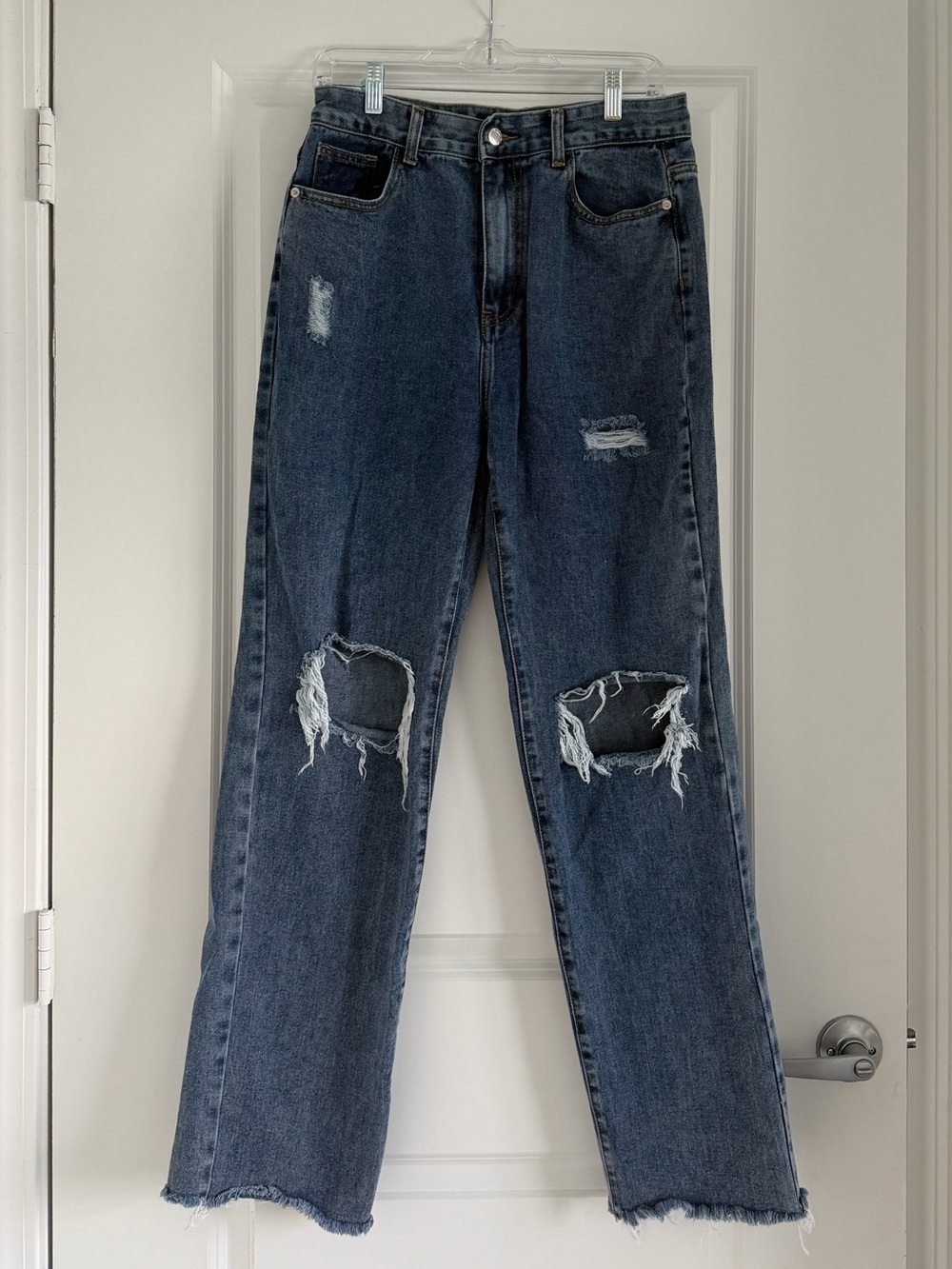 PrettyLittleThing Dark Blue Distressed Straight-Leg Jeans